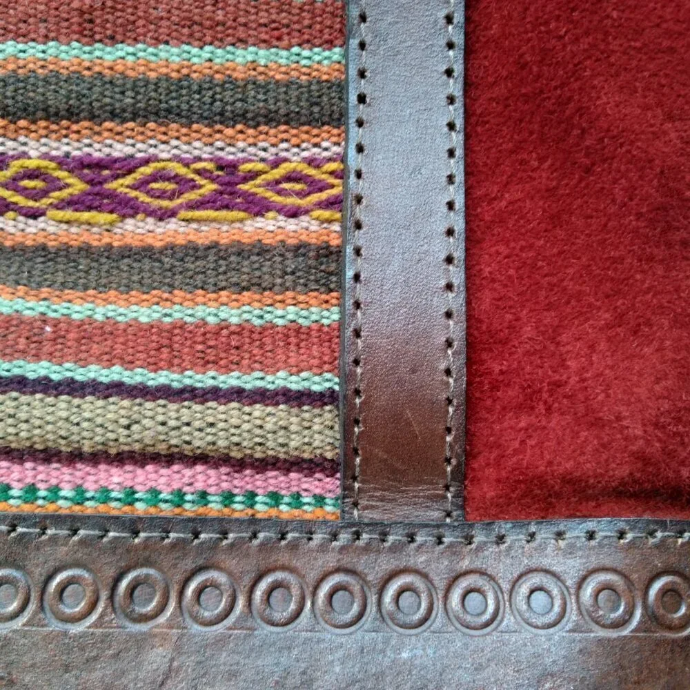 RichRed Suede Encased In Deep Brown Sturdy Tooled CowHide Colorful Woven Patches